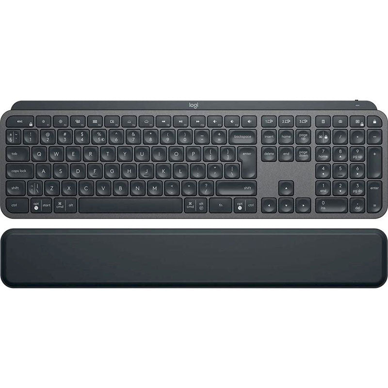 Logitech MX Keys Plus Advanced Bluetooth Illuminated Keyboard with palm rest in black color.